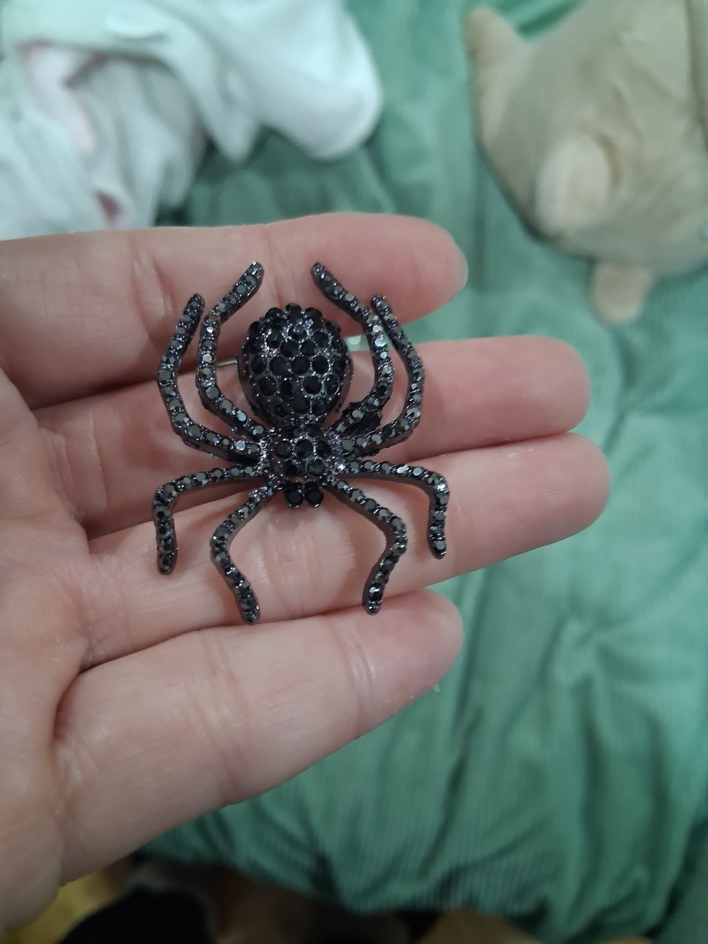 Hand Crafted Black Jeweled Spider Brooch
